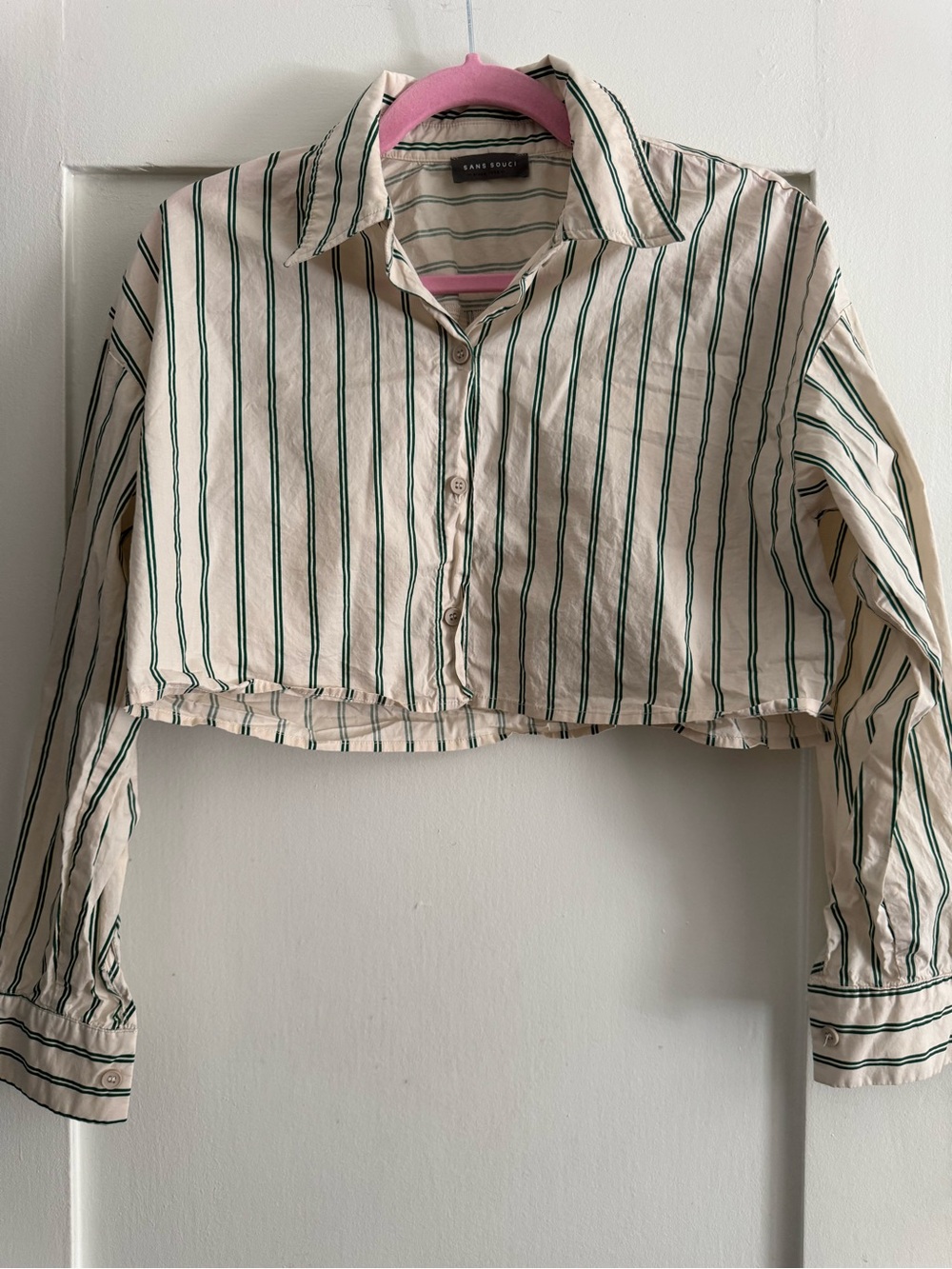 Cropped Button-Front Striped Shirt - Green on Cream